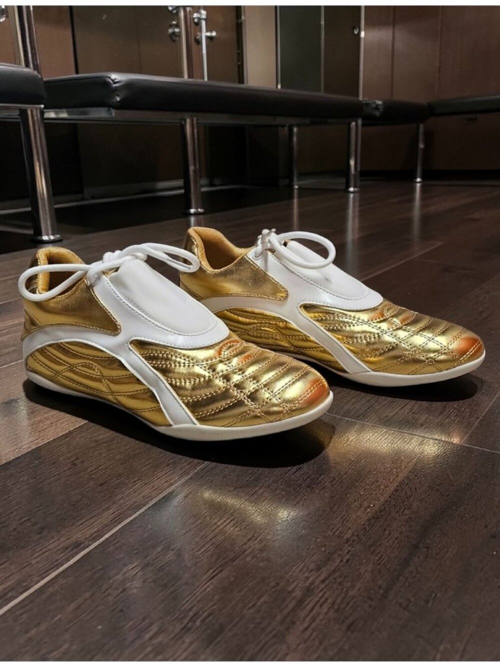 Gold & White Athletic Sneakers With Quilted Design & Lace-Up Closure - Picture 13 of 14